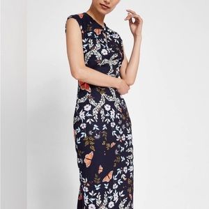 Ted Baker Floral Dress, Size 0, Navy with floral/butterfly pattern